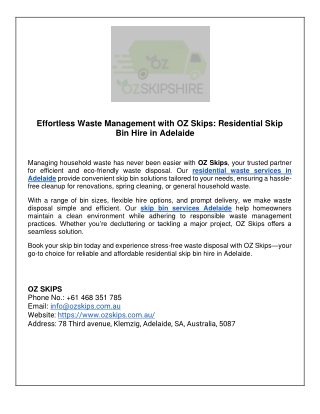 Effortless Waste Management with OZ Skips_ Residential Skip Bin Hire in Adelaide
