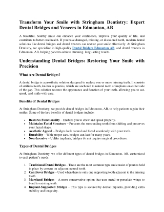 Transform Your Smile with Stringham Dentistry Expert Dental Bridges and Veneers in Edmonton, AB