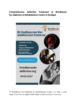 Comprehensive Addiction Treatment at Brindhavan De-Addiction & Rehabilitation Centre in Dindigul