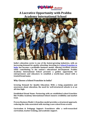 A Lucrative Opportunity with Prabhu Academy International School
