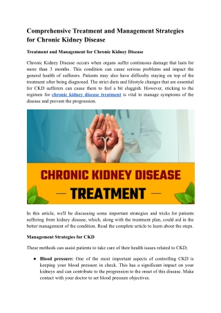 Comprehensive Treatment and Management Strategies for Chronic Kidney Disease