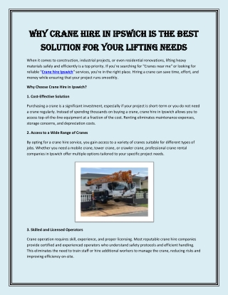 Why Crane Hire in Ipswich is the Best Solution for Your Lifting Needs