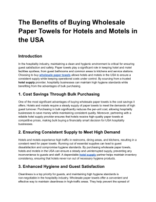 The Benefits of Buying Wholesale Paper Towels for Hotels and Motels in the USA