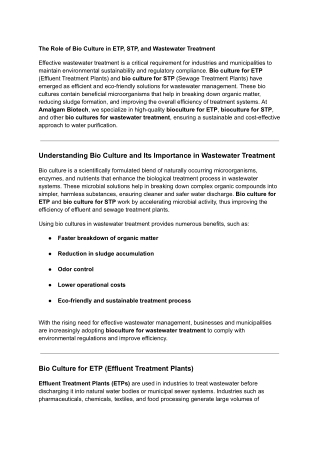 The Role of Bio Culture in ETP, STP, and Wastewater Treatment