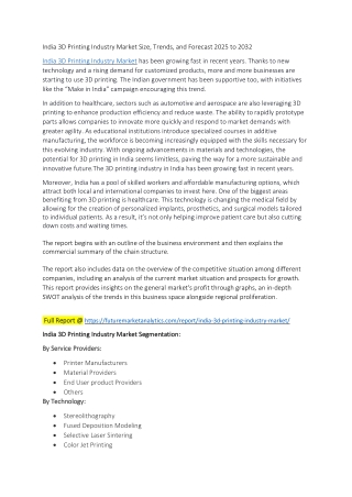 India 3D Printing Market: Applications, Technologies, and Market Outlook