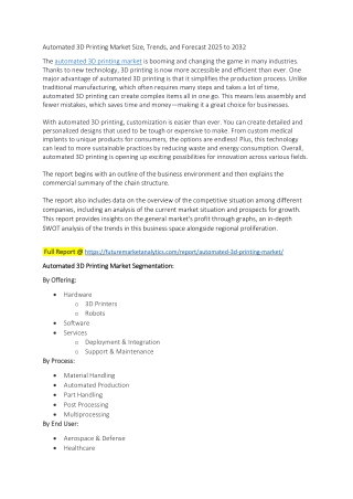 Automated 3D Printing Market: Trends, Innovations, and Growth Forecast