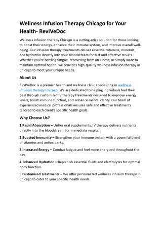 Wellness Infusion Therapy Chicago for Your Health - RevIVeDoc