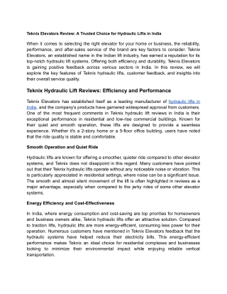 Teknix Elevators Review_ A Trusted Choice for Hydraulic Lifts in India