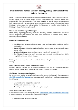 Transform Your Home’s Exterior - Roofing, Siding, and Gutters Done Right in Pittsburgh!