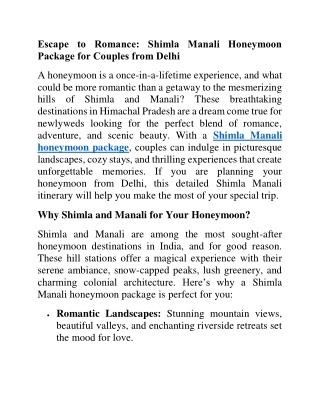 Escape to Romance: Shimla Manali Honeymoon Package for Couples from Delhi