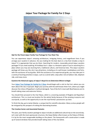 Jaipur Tour Package for Family For 2 Days