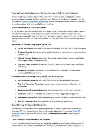 Powering Up the Gaming Experience: The Role of Gaming Payin & Payout API Provide