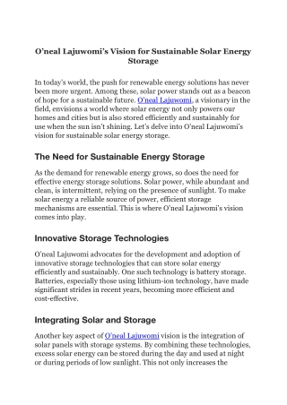 Oneal Omatseye Lajuwomi’s Vision for Sustainable Solar Energy Storage