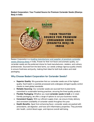 Badani Corporation Your Trusted Source for Premium Coriander