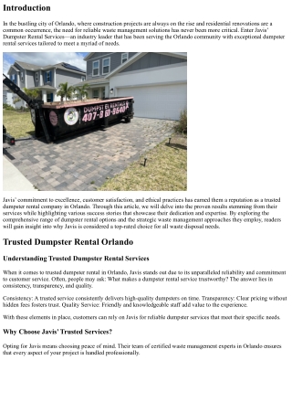 “Proven Results with Javis’ Dumpster Rental Services in Orlando - Our Success St