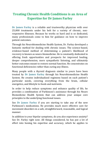 Treating Chronic Health Conditions is an Area of Expertise for Dr James Farley
