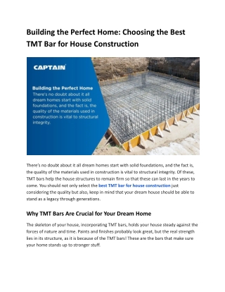 Building the Perfect Home: Choosing the Best TMT Bar for House Construction