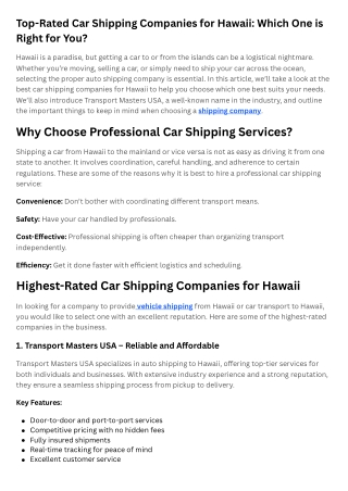 Top-Rated Car Shipping Companies for Hawaii Which One is Right for You ?