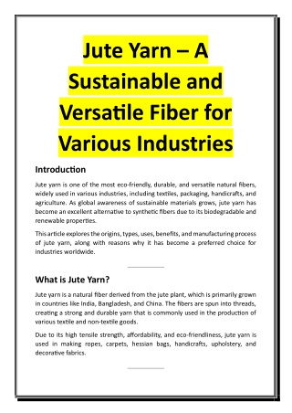 Jute Yarn – A Sustainable and Versatile Fiber for Various Industries