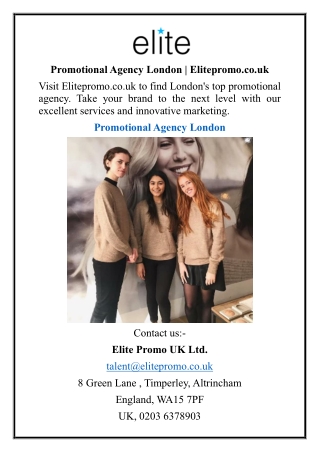 Promotional Agency London  Elitepromo.co.uk