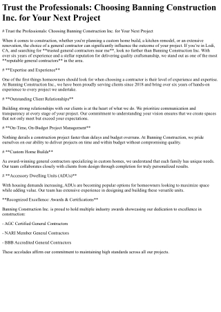 Trust the Professionals Choosing Banning Construction Inc. for Your Next Project