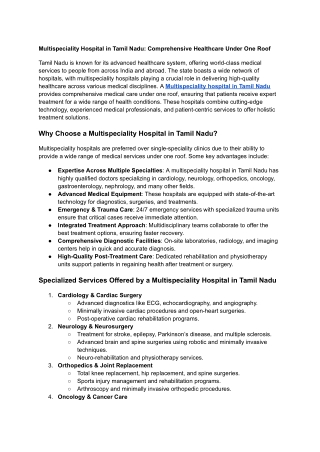 Top Multispeciality Hospital in Tamil Nadu with Expert Specialists