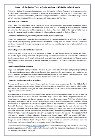 Impact of the Prajha Trust in Social Welfare – NGOs List in Tamil Nadu