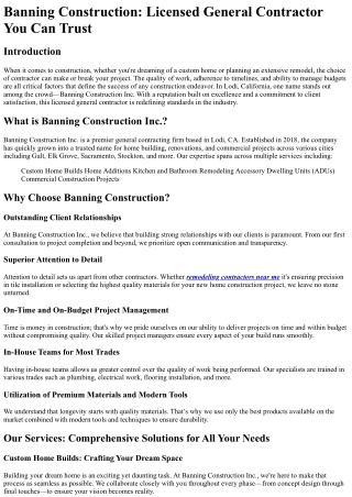 Banning Construction Licensed General Contractor You Can Trust