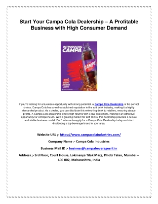 Start Your Campa Cola Dealership – A Profitable Business with High Consumer Demand