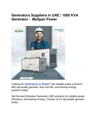 Generators Suppliers in UAE | 1000 KVA Generator -  MySpan Power