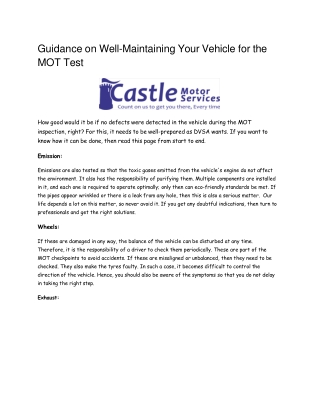 Guidance on Well-Maintaining Your Vehicle for the MOT Test
