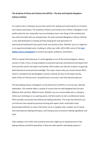 The Academy of Pastry and Culinary Arts (APCA) – The best and Exquisite Bangalore Culinary Institute