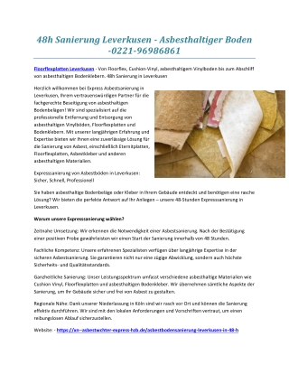 48h Sanierung Leverkusen - Asbesthaltiger Boden -0221-96986861