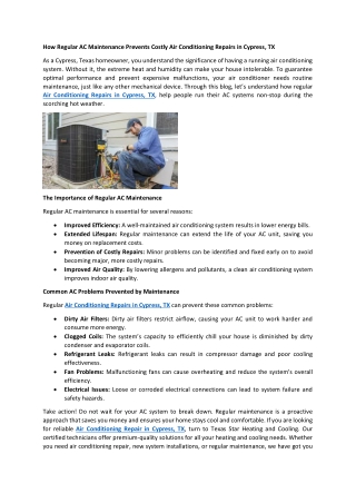 How Regular AC Maintenance Prevents Costly Air Conditioning Repairs in Cypress, TX