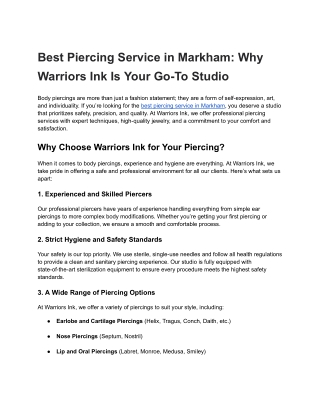 Best Piercing Service in Markham: Why Warriors Ink Is Your Go-To Studio