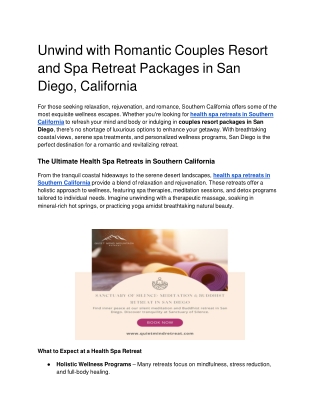 Unwind with Romantic Couples Resort and Spa Retreat Packages in San Diego, California