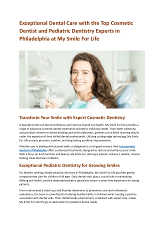 Exceptional Dental Care with the Top Cosmetic Dentist and Pediatric Dentistry Experts in Philadelphia at My Smile For Li