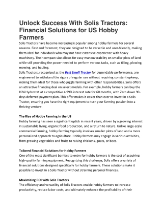 Unlock Success With Solis Tractors Financial Solutions for US Hobby Farmers