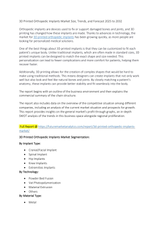 Global Market for 3D Printed Orthopedic Implants – Key Developments