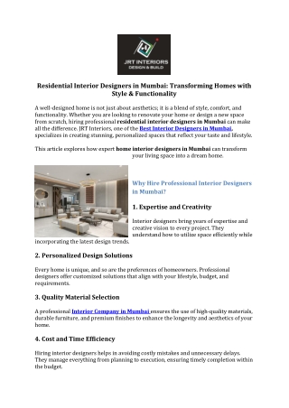 Residential Interior Designers in Mumbai -Transforming Homes with Style & Functionality