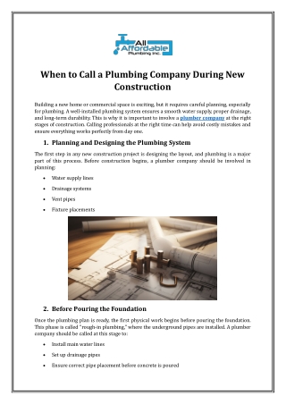 When to Call a Plumbing Company During New Construction