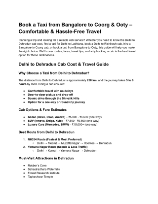 Book a Taxi from Bangalore to Coorg & Ooty – Comfortable & Hassle-Free Travel