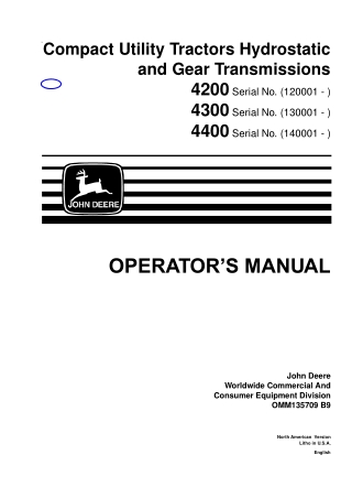 John Deere 4200 Compact Utility Tractors With Hydrostatic Transmission and Gear Transmissions Operator’s Manual Instant