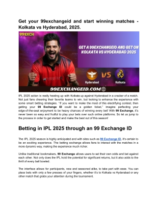 Get your 99exchangeid and start winning matches - Kolkata vs Hyderabad, 2025.