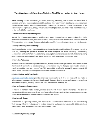 The Advantages of Choosing a Stainless-Steel Water Heater for Your Home