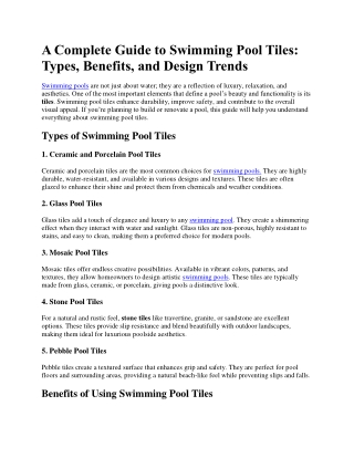 A Complete Guide to Swimming Pool Tiles