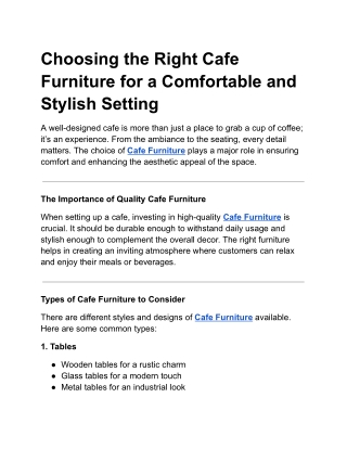 Choosing the Right Cafe Furniture for a Comfortable and Stylish Setting