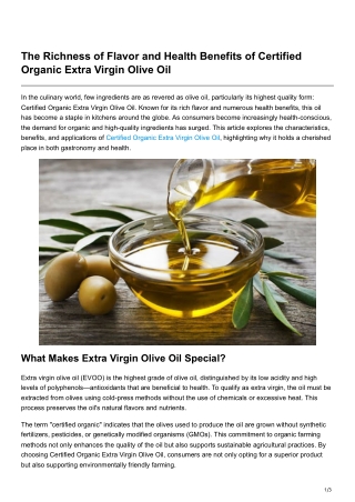 The Richness of Flavor and Health Benefits of Certified Organic Extra Virgin Olive Oil