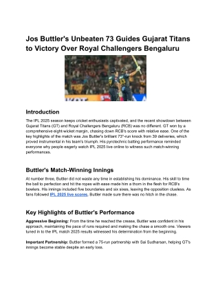 Jos Buttler's Unbeaten 73 Guides Gujarat Titans to Victory Over Royal Challengers Bengaluru