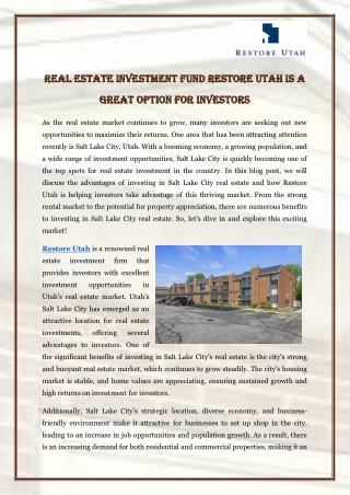 Real Estate Investment Fund Restore Utah is a Great Option for Investors